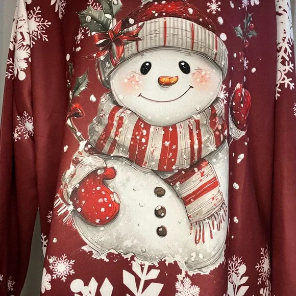 NWOT Winter Snowman Sweatshirt, Snowflakes, Large, Dark Red - Picture 3 of 6